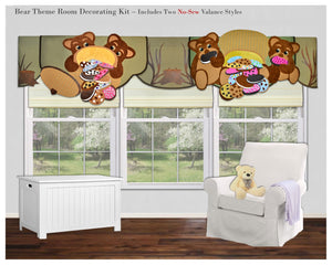 Traceable Designer children's valance, make easy no-sew teddy bear window treatments and wall accents.