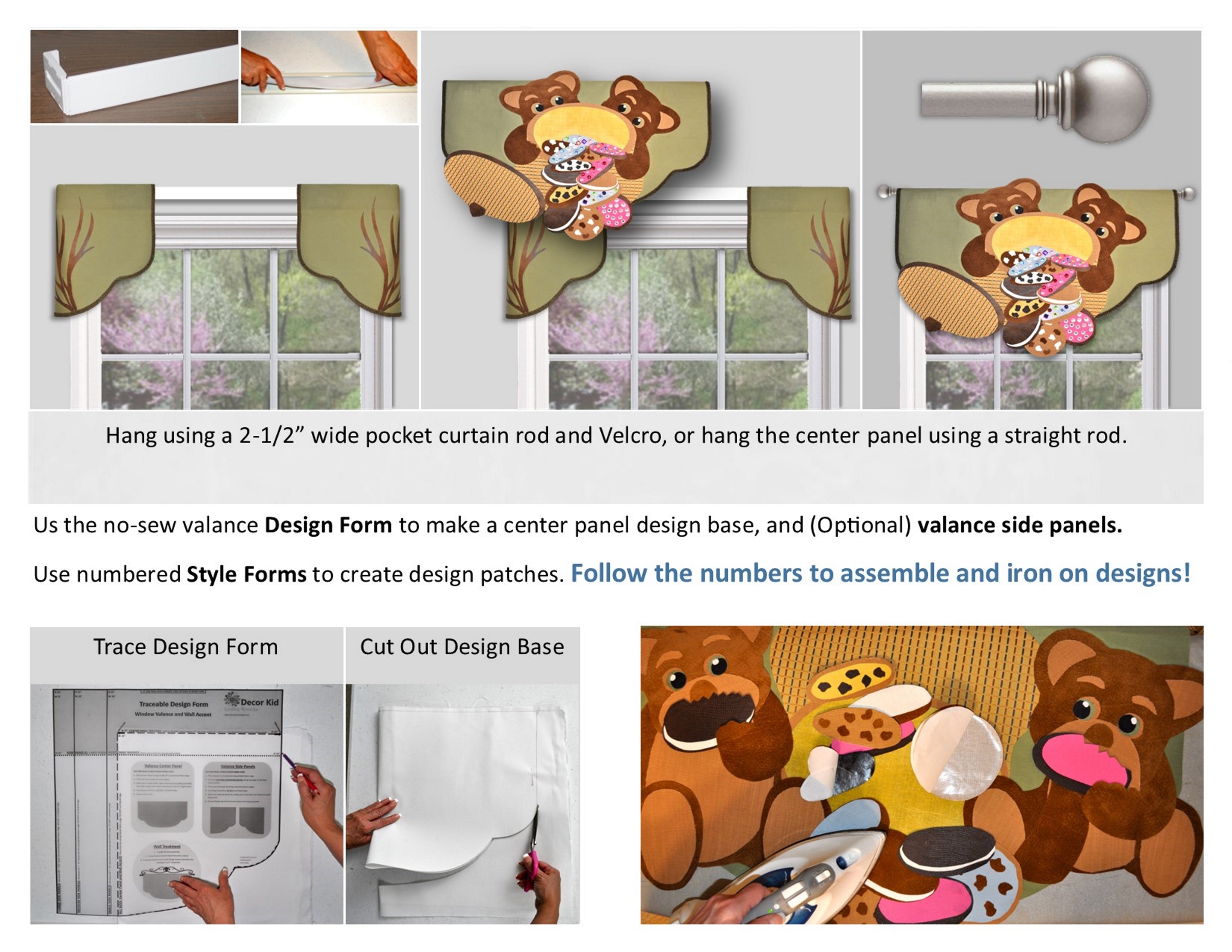 Traceable Designer children's valance, make easy no-sew teddy bear window treatments and wall accents.  Designed by Linda Schurr