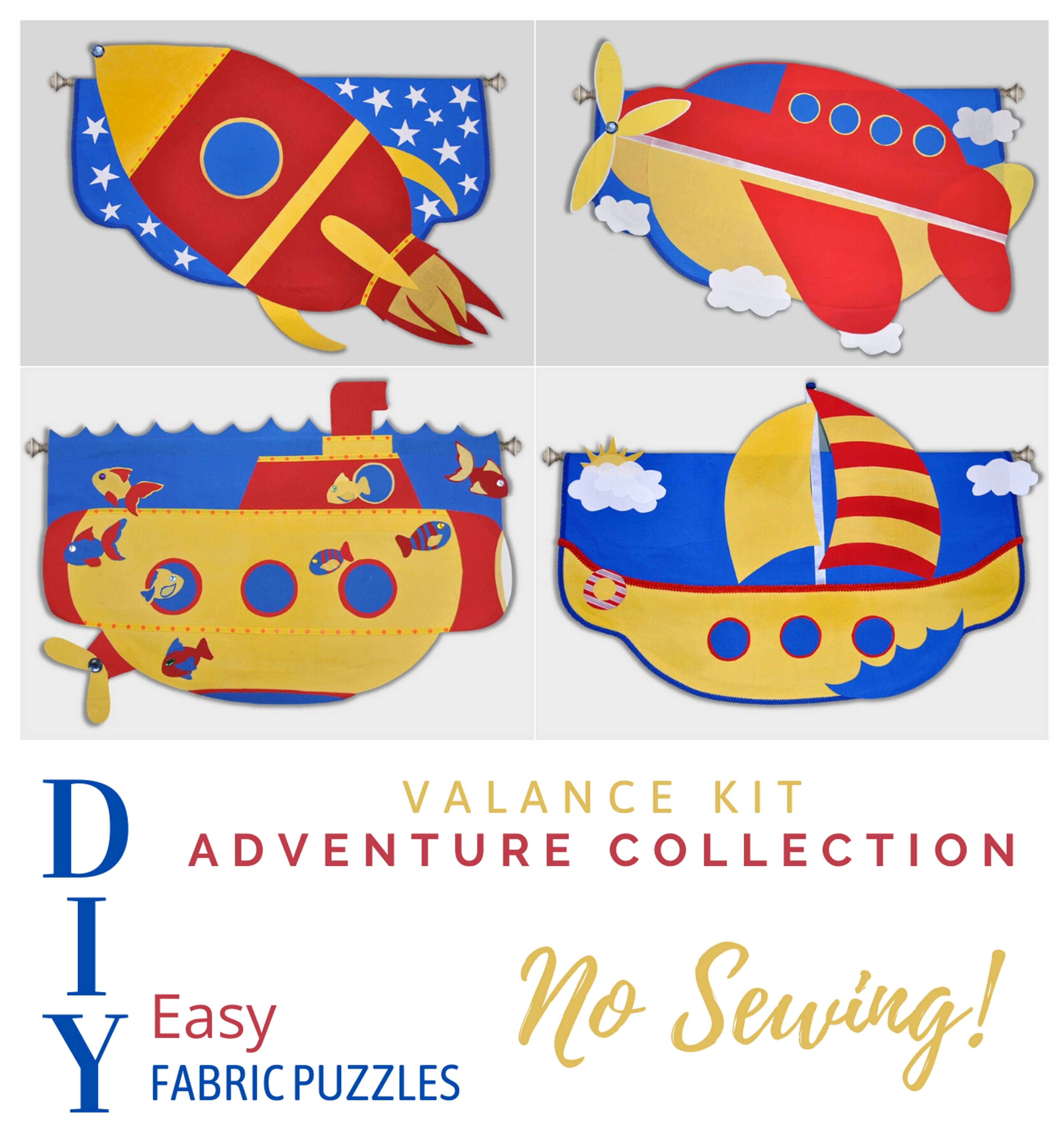 Children's 3D window decorations, unique adventure valances, airplane, rocket, sailboat and submarine, DIY.  Designed by Linda Schurr
