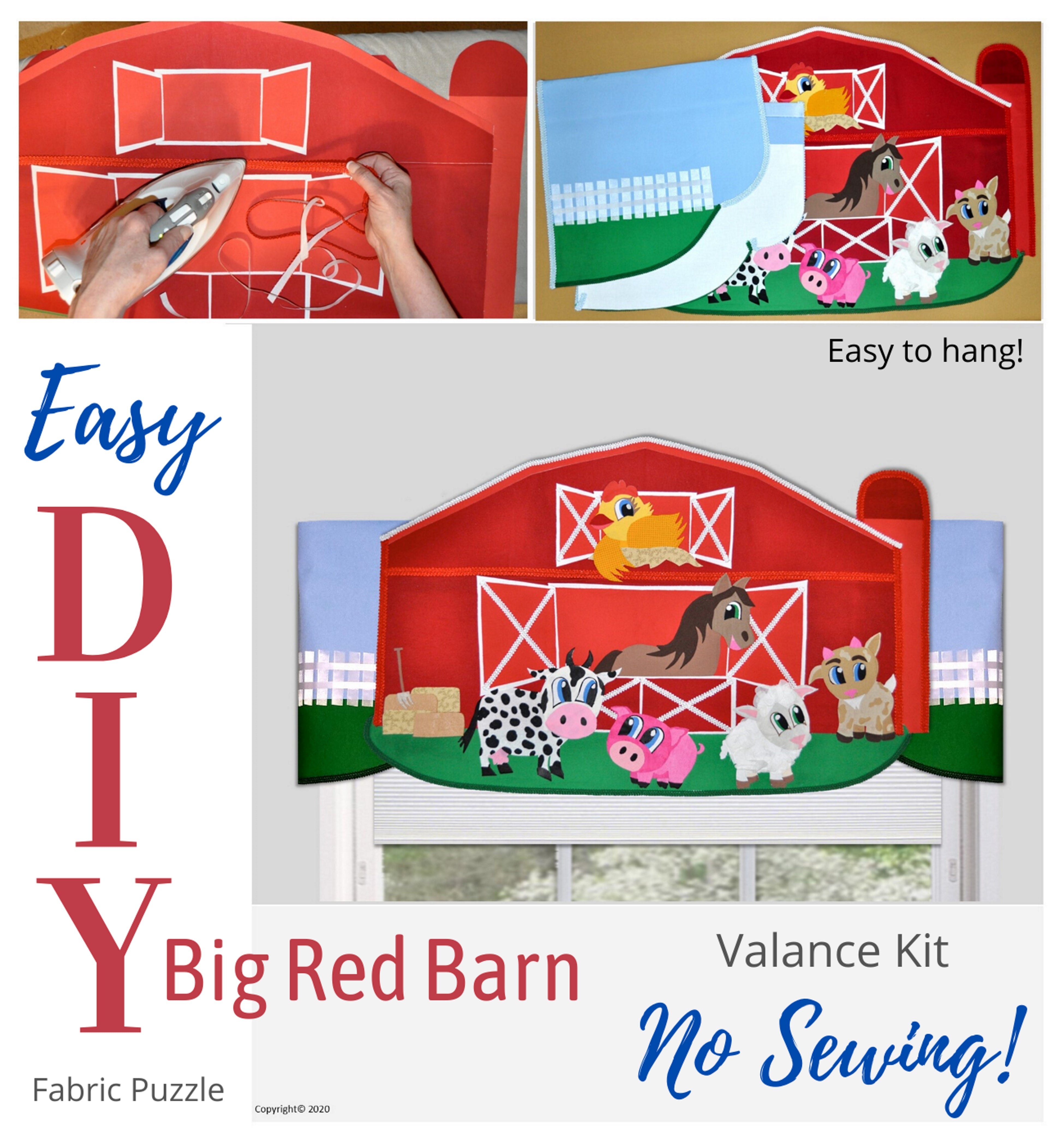 Adorable Children's 3D Big Red Barn, Valance for kids room, nursery or playroom DIY no sewing!  Designed by Linda Schurr