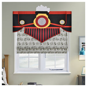 Boys train valance. No-sew red, black, and yellow Jupiter train fabric craft kit. Fit window sizes 34" to 54" wide. Hang using a 2.5" metal curtain rod.
