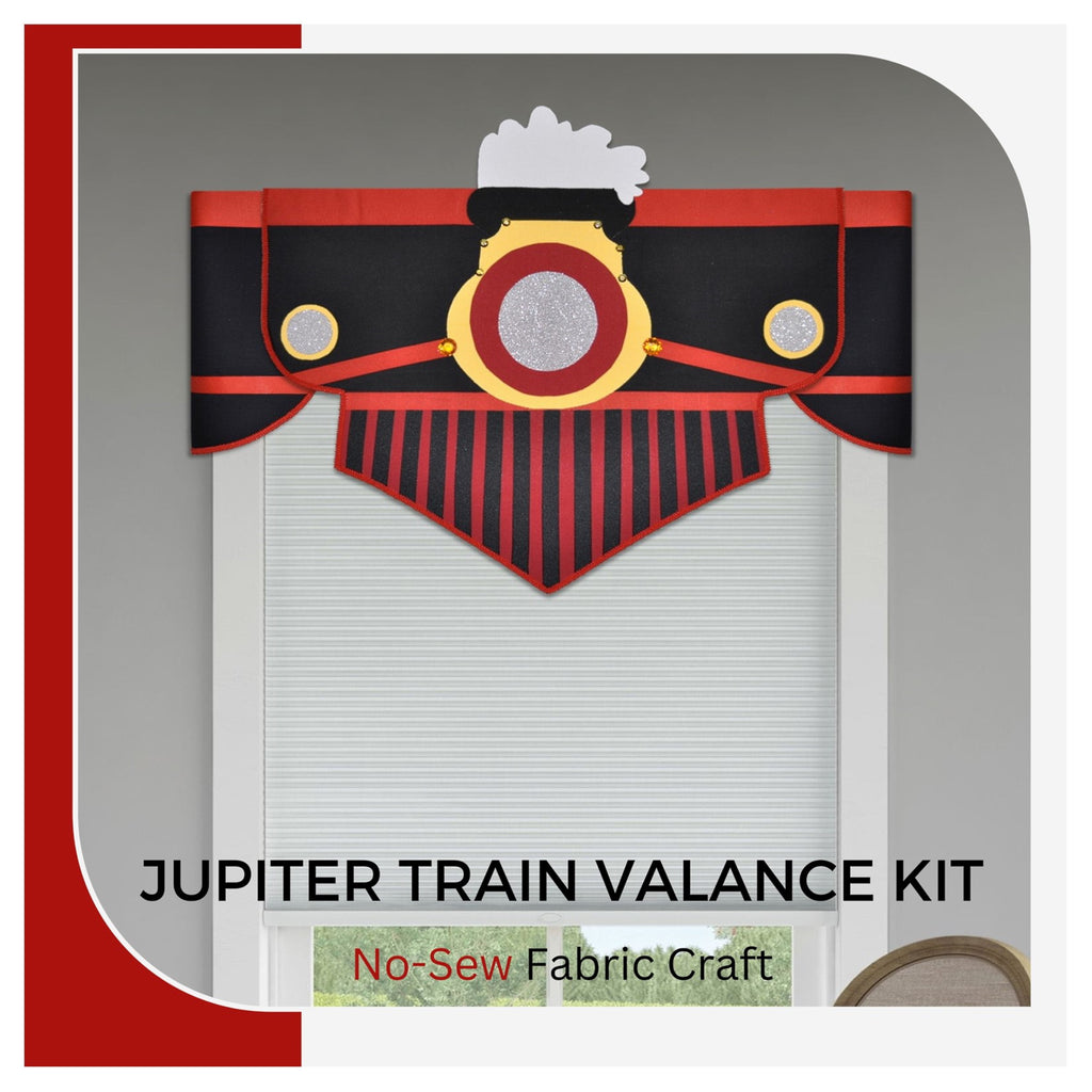 Boys train valance. No-sew red, black, and yellow  Jupiter  train fabric craft kit. Fit window sizes 34" to 54" wide. Hang using a 2.5" metal curtain rod. 
