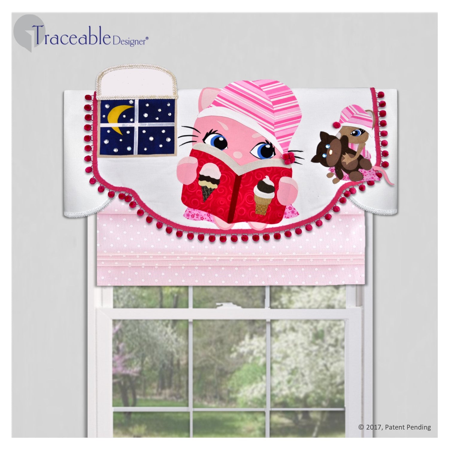 Traceable Designer girls room decorating kit, no-sew kitty valances and wall accents.  Designed by Linda Schurr