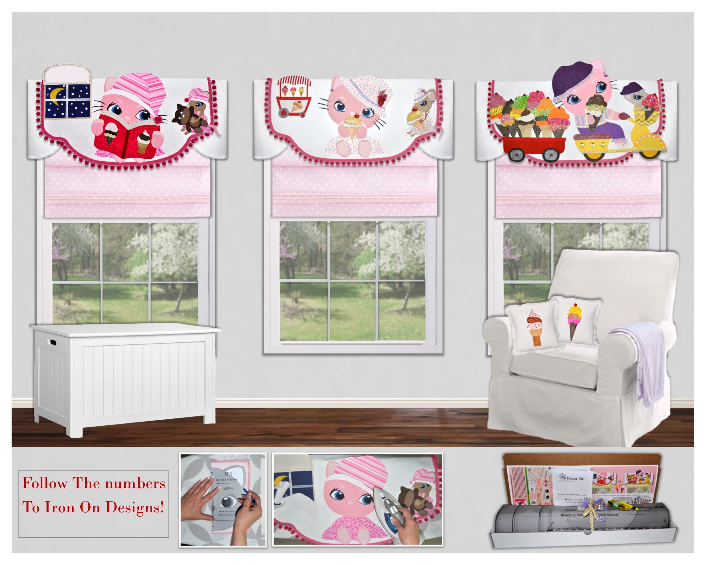 Traceable Designer girls room decorating kit, no-sew kitty valances and wall accents