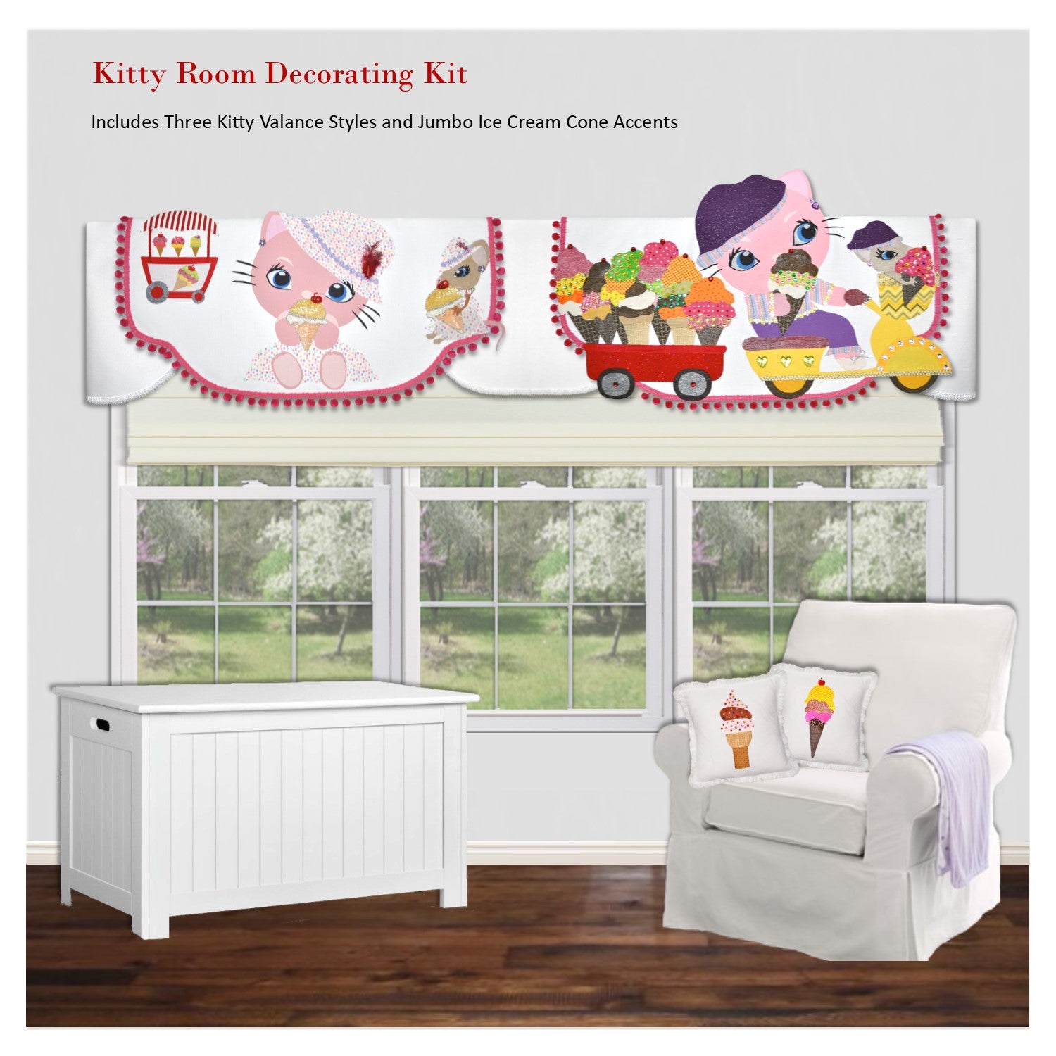 Traceable Designer girls room decorating kit, no-sew kitty valances and wall accents.  Designed by Linda Schurr