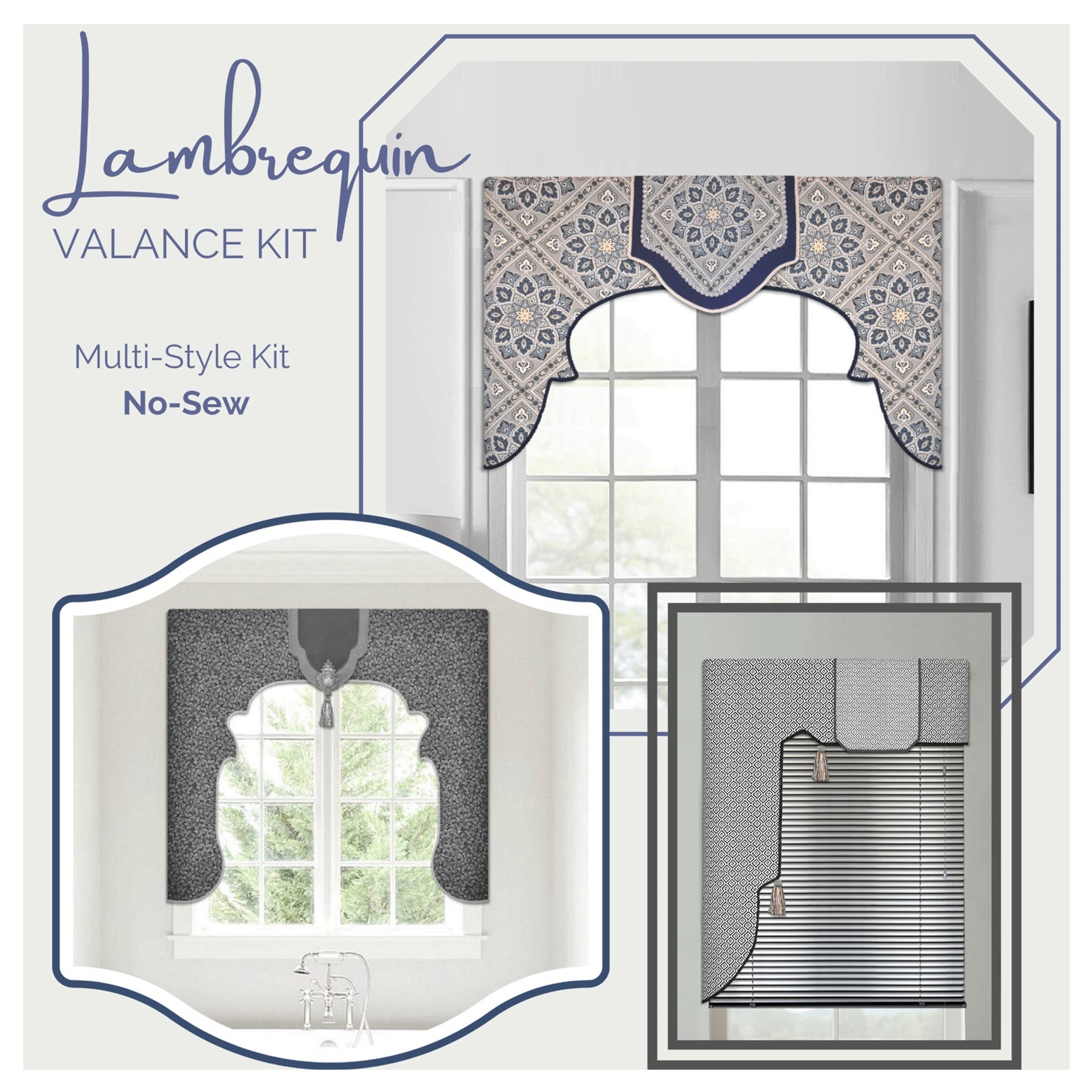 Traceable Designer DIY no-sew lambrequin valance kit. Cornice-style lambrequin kit includes 3 interchangeable styles. No-sew valance design forms are easier and more flexible than sewing!