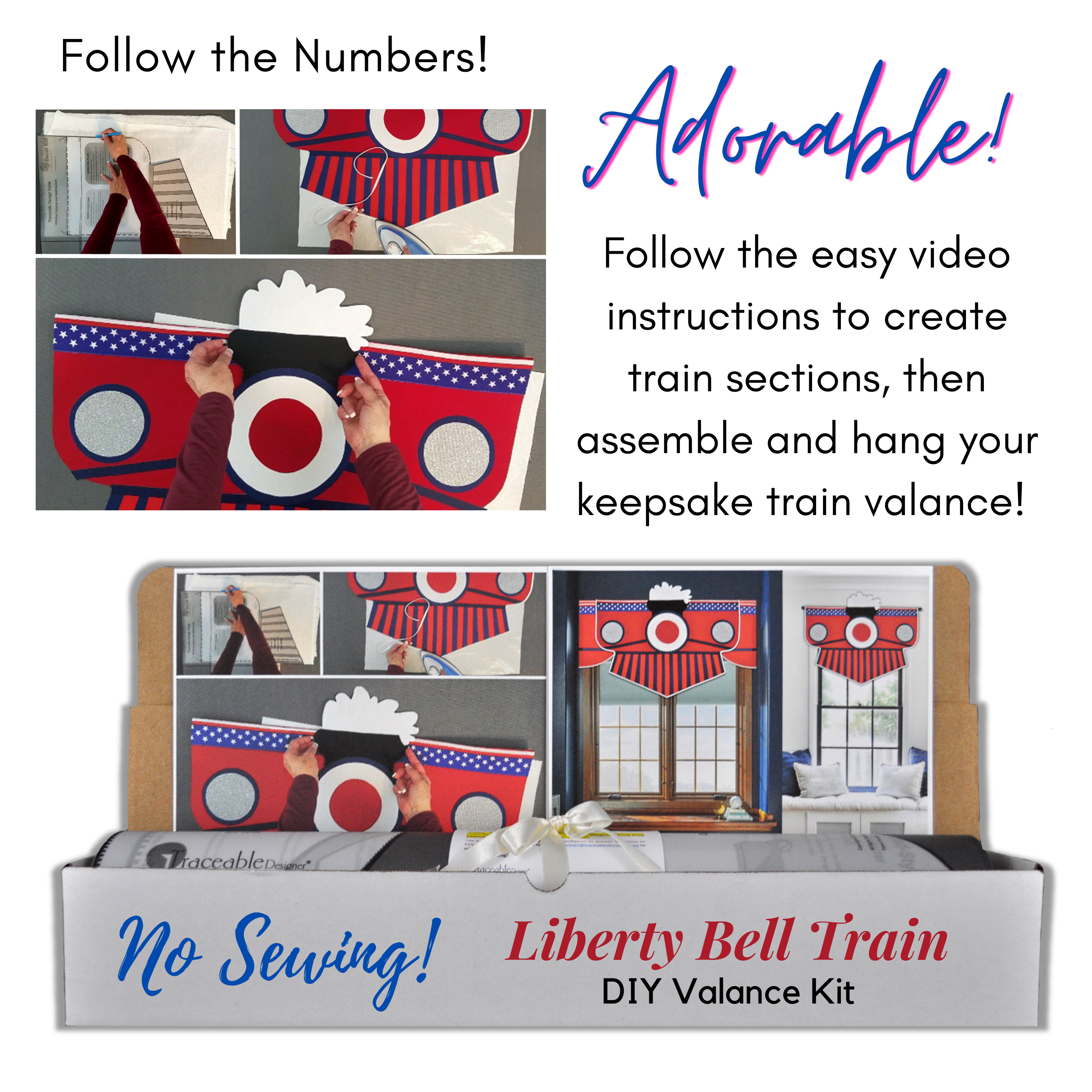 Children's patriotic red, white, and blue fabric train craft kit. Fit window sizes up to 54" wide. No sewing needed!