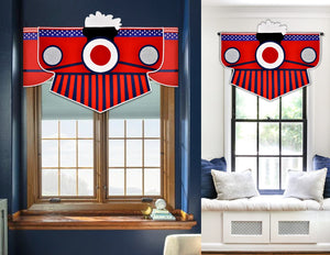 Children's patriotic red, white, and blue fabric train craft kit. Fit window sizes up to 54" wide. No sewing needed! Use fabric train as a window treatment or wall decoration.