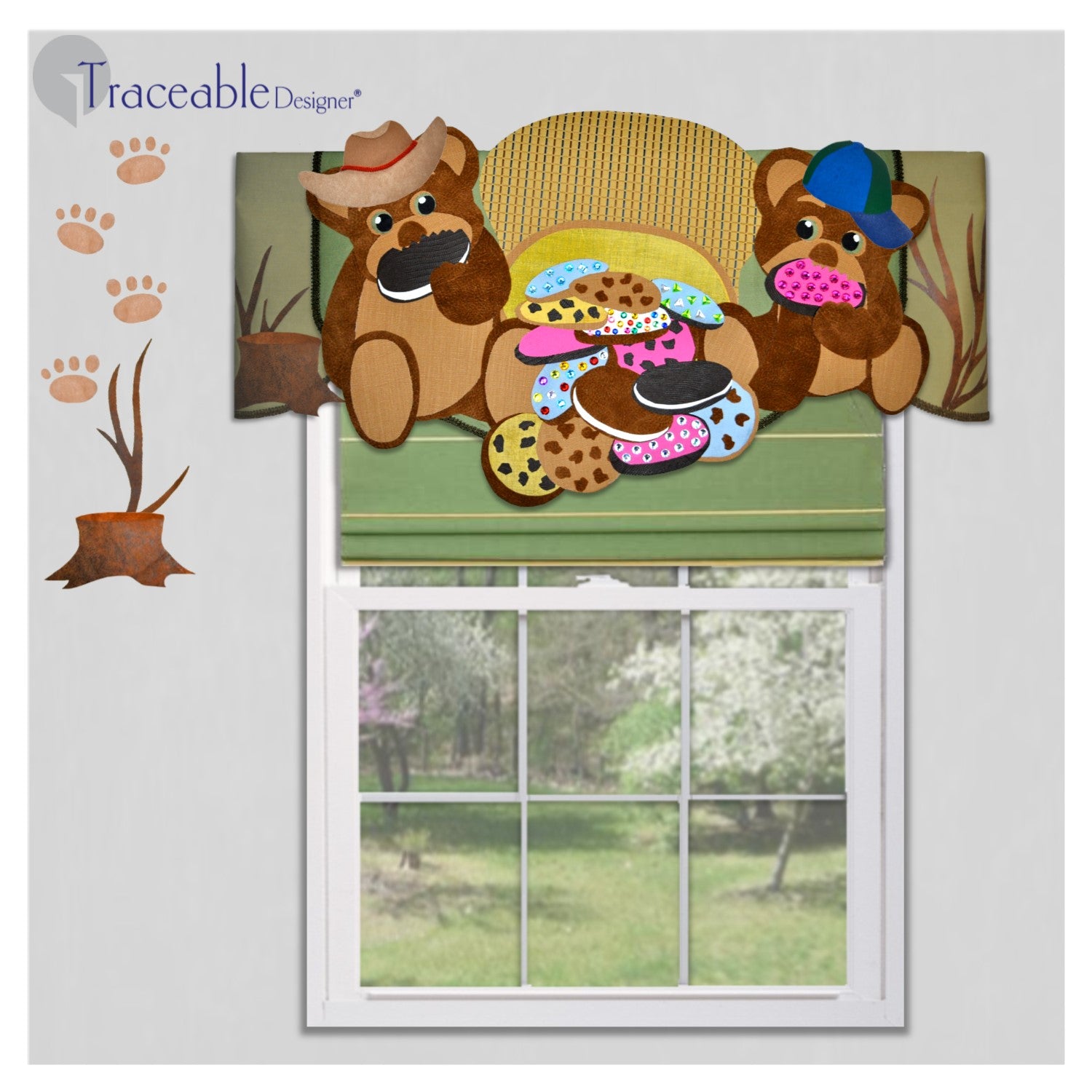 Traceable Designer children's valance, make easy no-sew teddy bear Children's teddy bear, 3D window decoration, window valance for kids bedroom or nursery, no sewing window treatments and wall accents.  Designed by Linda Schurr