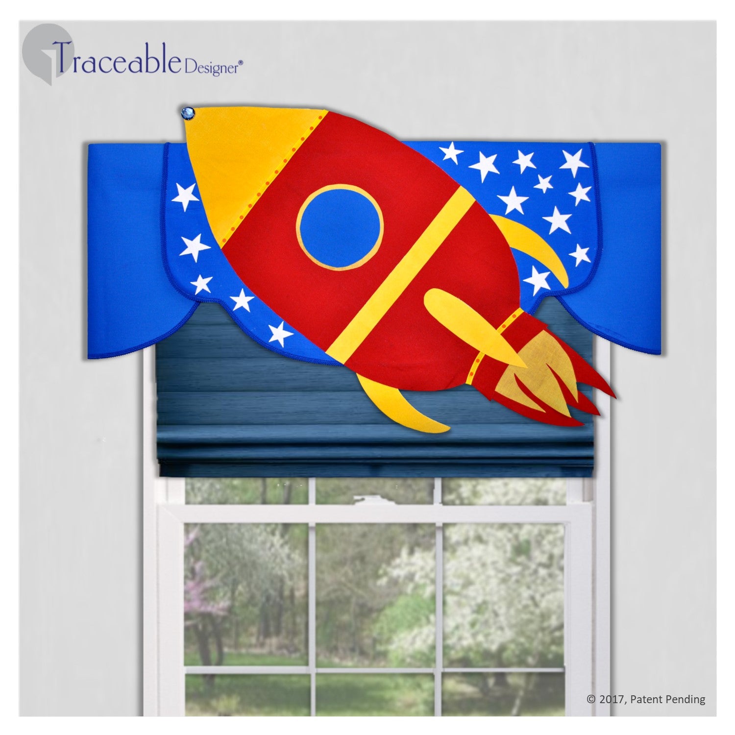 Unique boys 3D rocket valance, DIY no sewing, kit also includes submarine, airplane and sailboat window treatment styles.  Designed by Linda Schurr