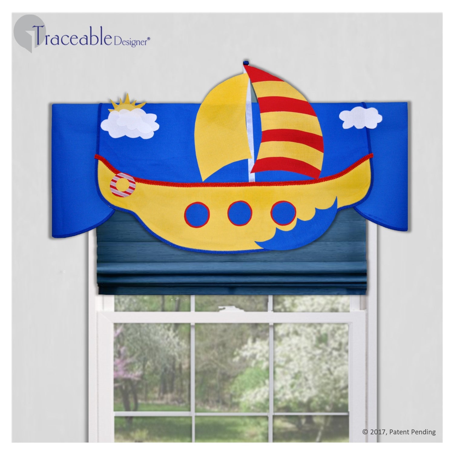 DIY children's sailboat valance, adventure room decor for bedroom or nursery, colorful, no sewing, kit also includes rocket, sub and airplane window treatments.  Designed by Linda Schurr