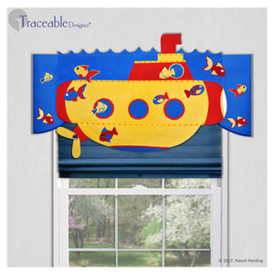 Unique yellow 3D yellow submarine kids valance, DIY no sewing, kit also includes airplane, sailboat and rocket styles.  Designed by Linda Schurr
