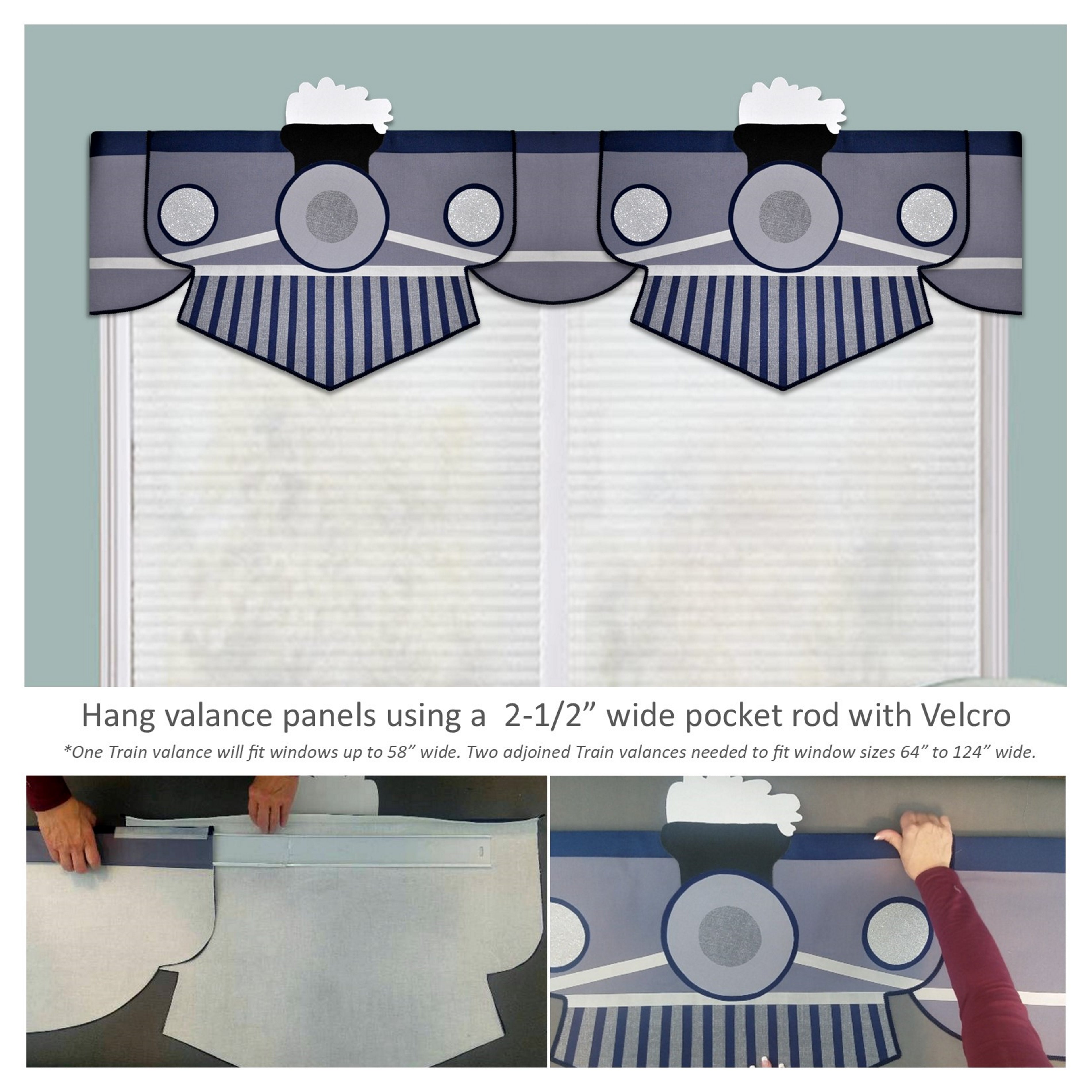 Make an adorable custom boys train valance without sewing! Fabric craft it includes everything you need to assemble and hang your keepsake train. Use two trains to fit window sizes up to 120" wide.