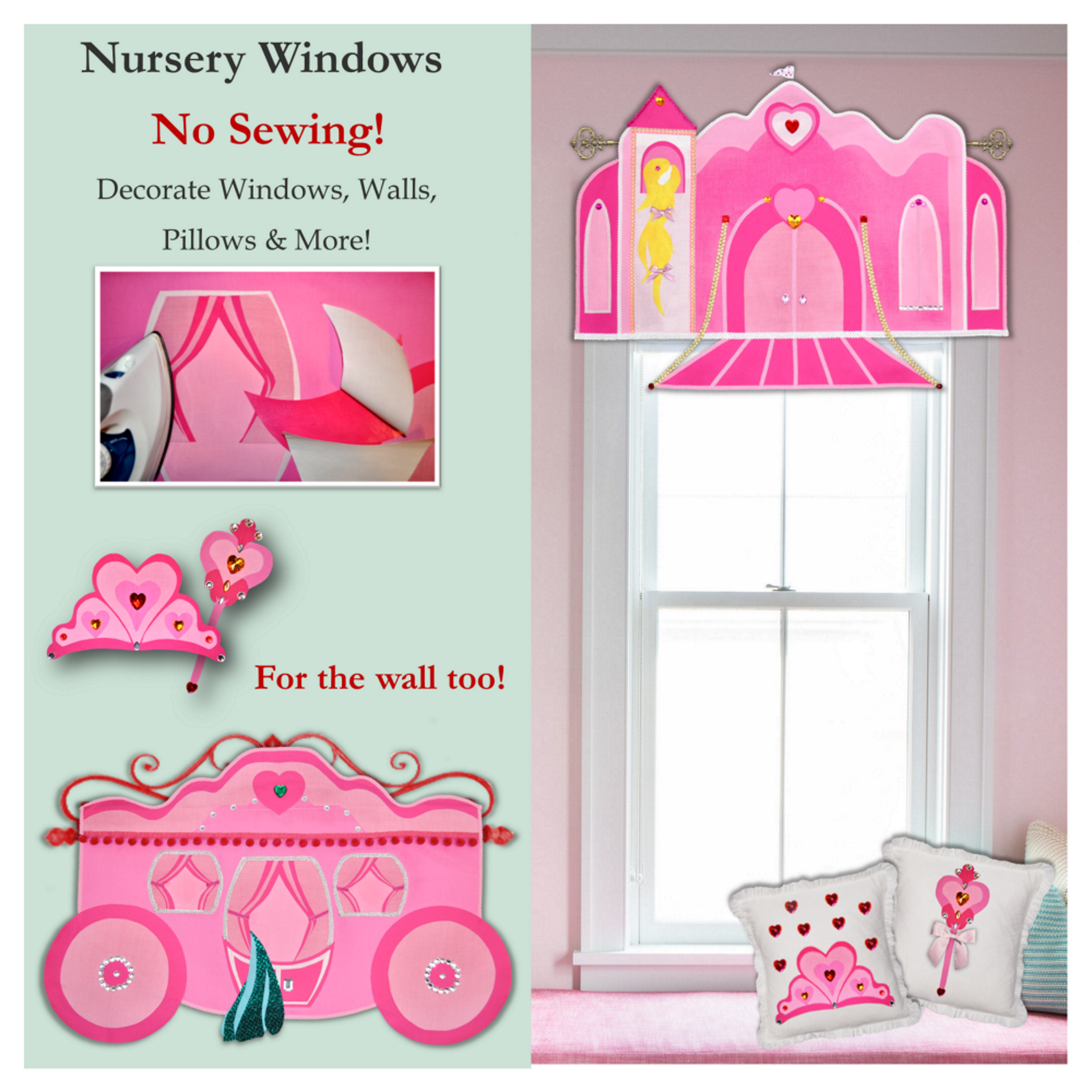 Princess valance, 3D castle window decoration for girls room, includes palace and carriage, no sewing.  Designed by Linda Schurr